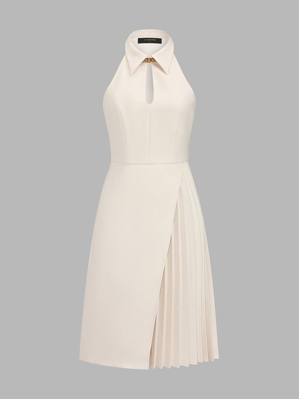 Commense One-Shoulder Cream Halter Dress with Pleated Side Panel